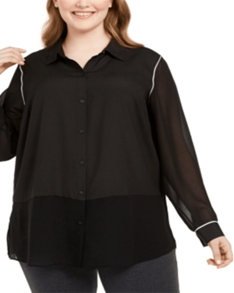 Front of a model wearing a size 3X Calvin Klein Women's Plus Mixed Media Blouse Black Size 3X in Black by Calvin Klein. | dia_product_style_image_id:311049